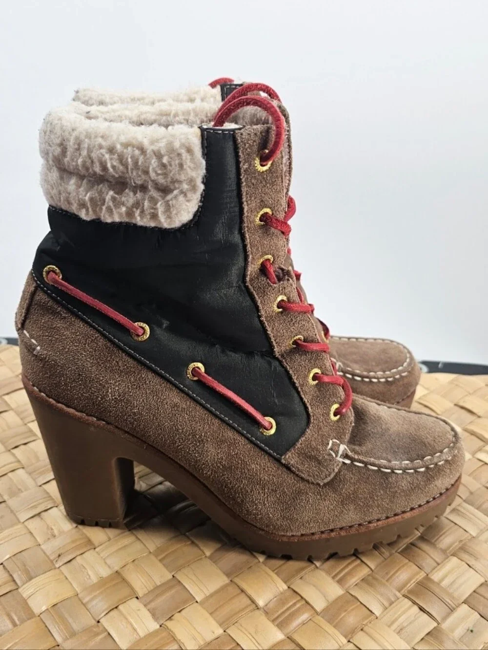 Sperry Brown Shearling-Lined High-Heel Lace-Up Boots Size 8.5